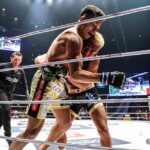 【RIZIN DECADE】押し込まれた新居の右ヒザがローブローに。武田が試合続行不可能、負傷判定で勝利