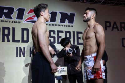 【RIZIN WS01】韓国大会、計量終了。赤コーナー=地元キ・ウォンビン×青コーナー=ライト級王者サトシ 【RIZIN WS01】韓国大会、計量終了。赤コーナー=地元キ・ウォンビン×青コーナー=ライト級王者サトシ