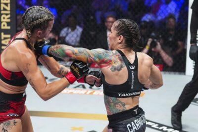 【PFL WT2025#09】3Rに左フックを決めて女子フライ級WTを制したカモーシェが、ディチェバ戦をアピール