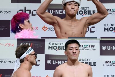 【RIZIN LANDMARK15】計量終了。スクランブル参戦の火の鳥を、バンタム級王者サバテロがオマージュ